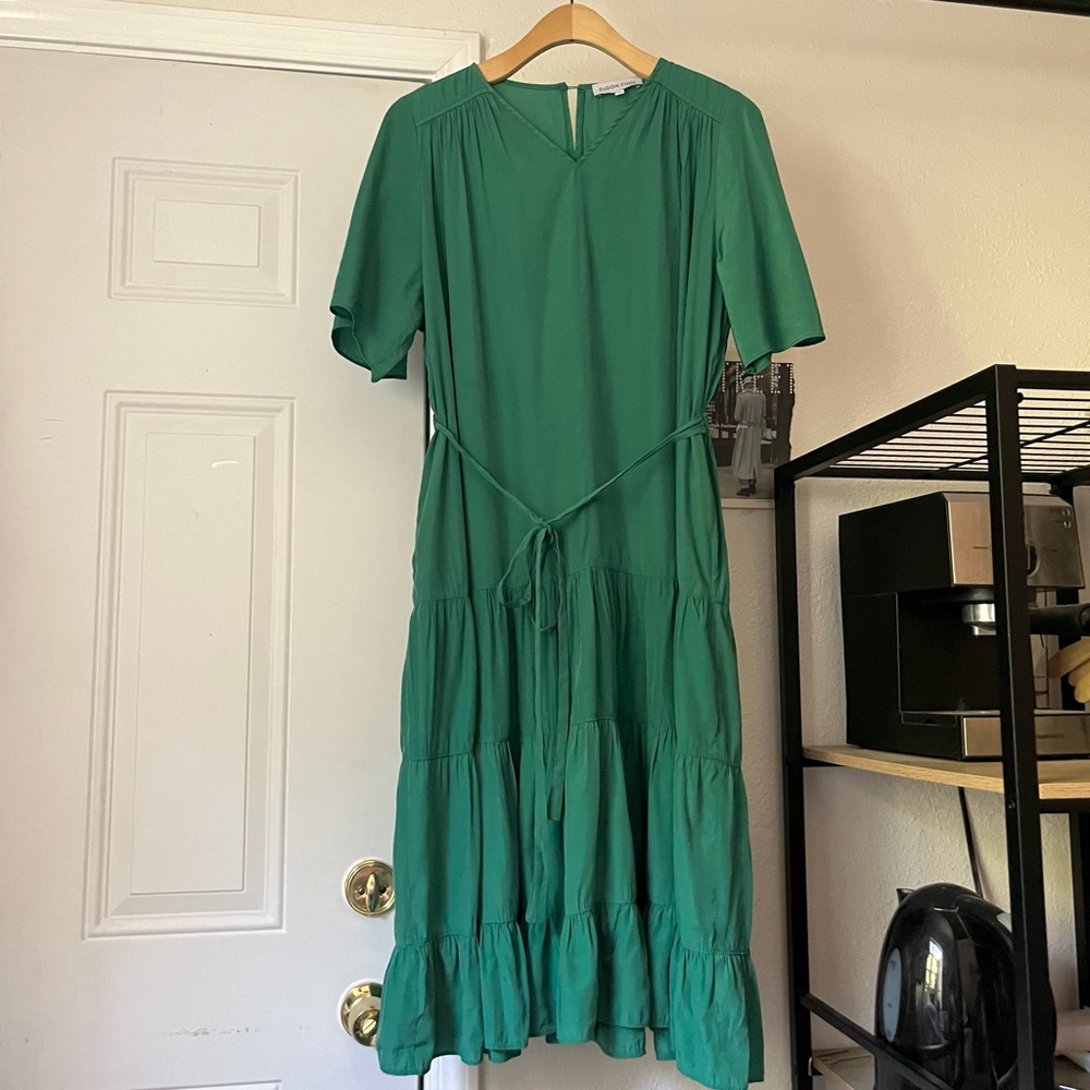 EUDON CHOI‎ green Kelly tiered short flutter sleeve belted midi dress
